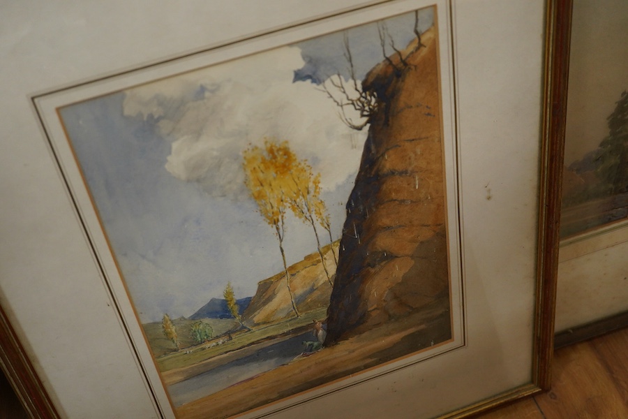 Five 19th / 20th century watercolours, to include: C. G. White, 'A cart shed and farmyard’, Greenstead, Essex and Thomas Davis, ‘Richmond Castle’, largest 36 x 56cm. Condition - varies